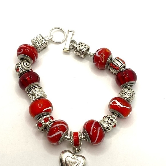 Charm Bracelet Red Glass Beads Silver Tone - Picture 3 of 5
